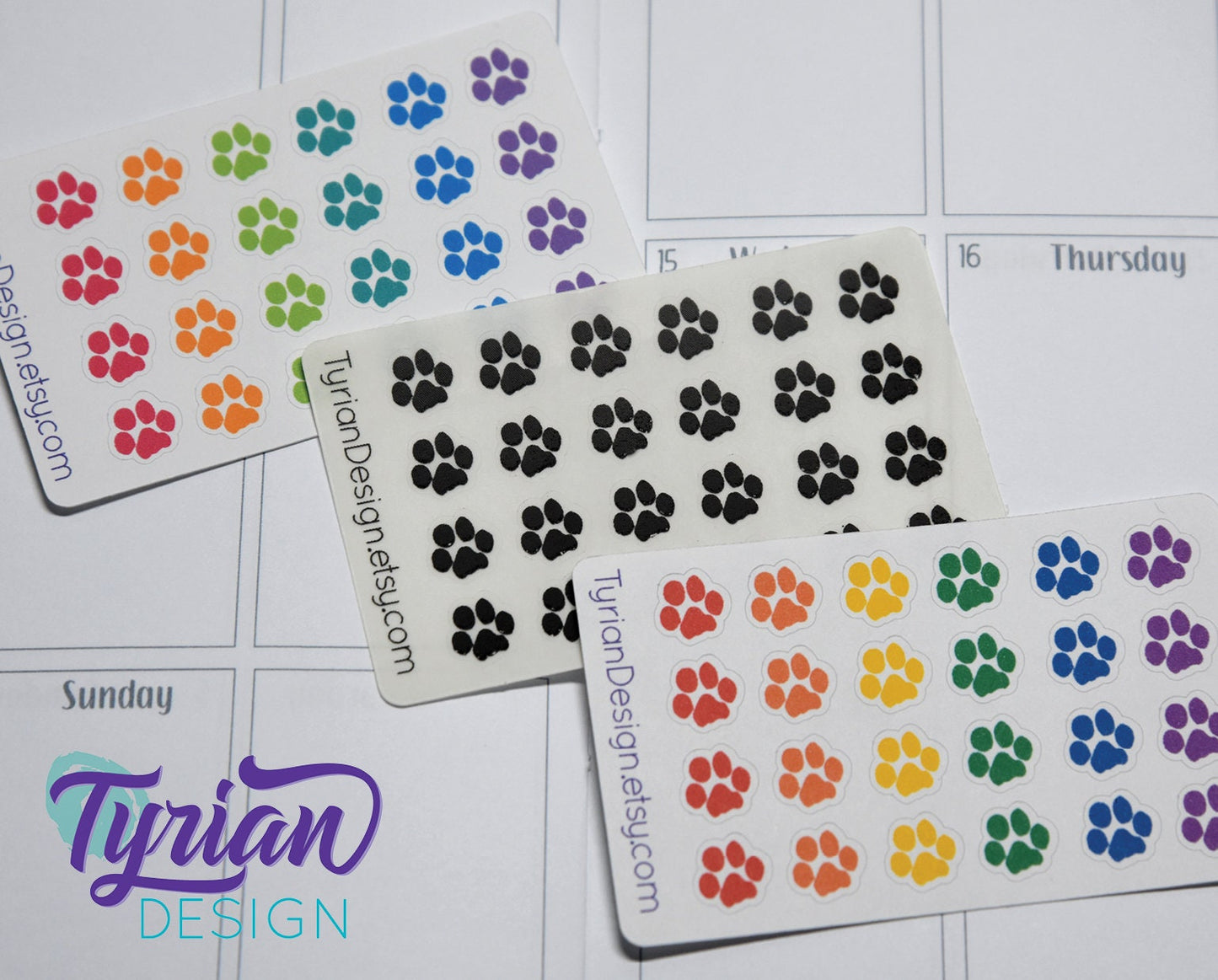 Paw Print Stickers Mini Sheet for Planners and Journals. Rainbow Paws or Pastel Rainbow or Black Paws, clear or white matte stickers