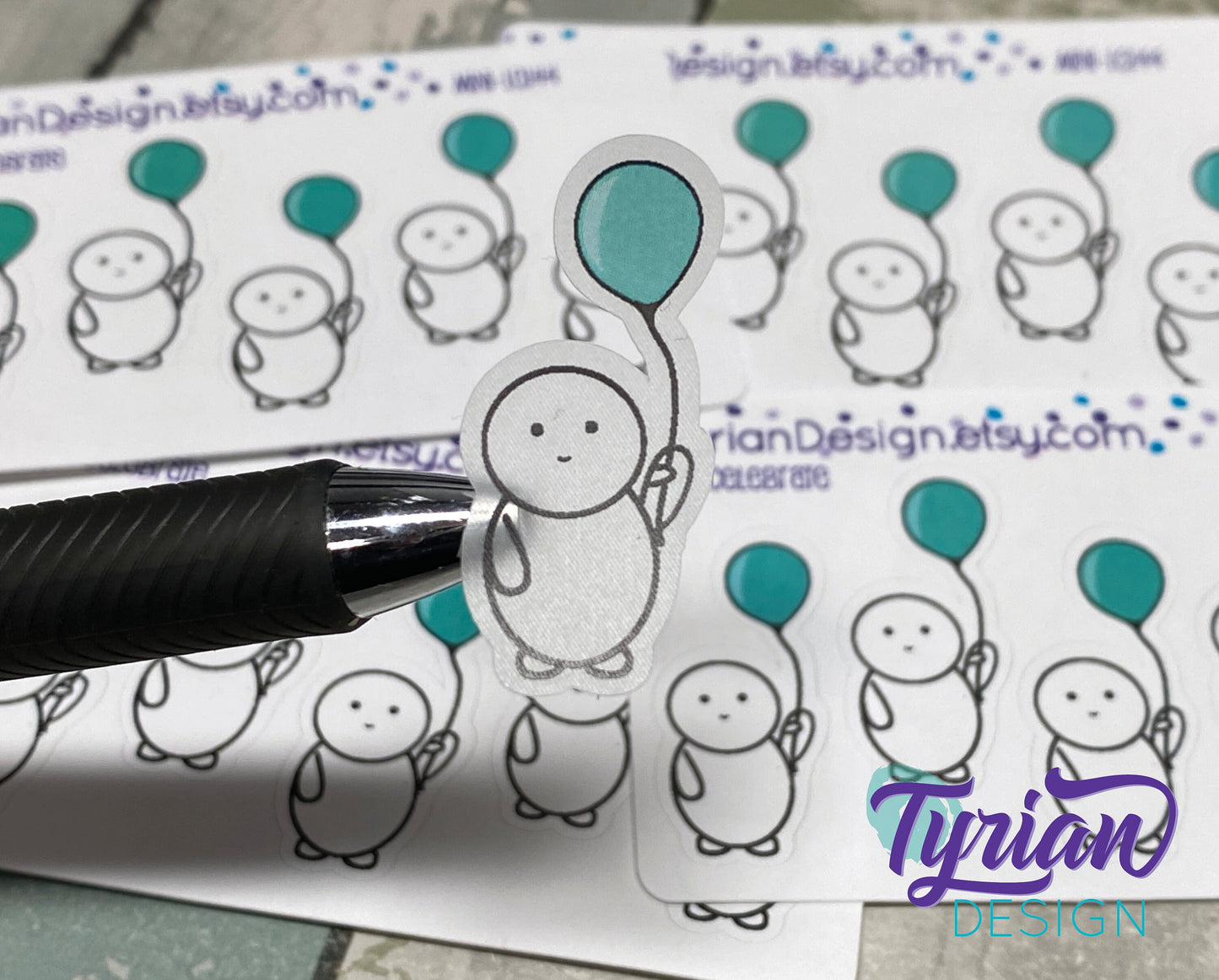 Emo Celebrate character Sticker Mini Sheet. Emoji with Turquoise Balloon.
