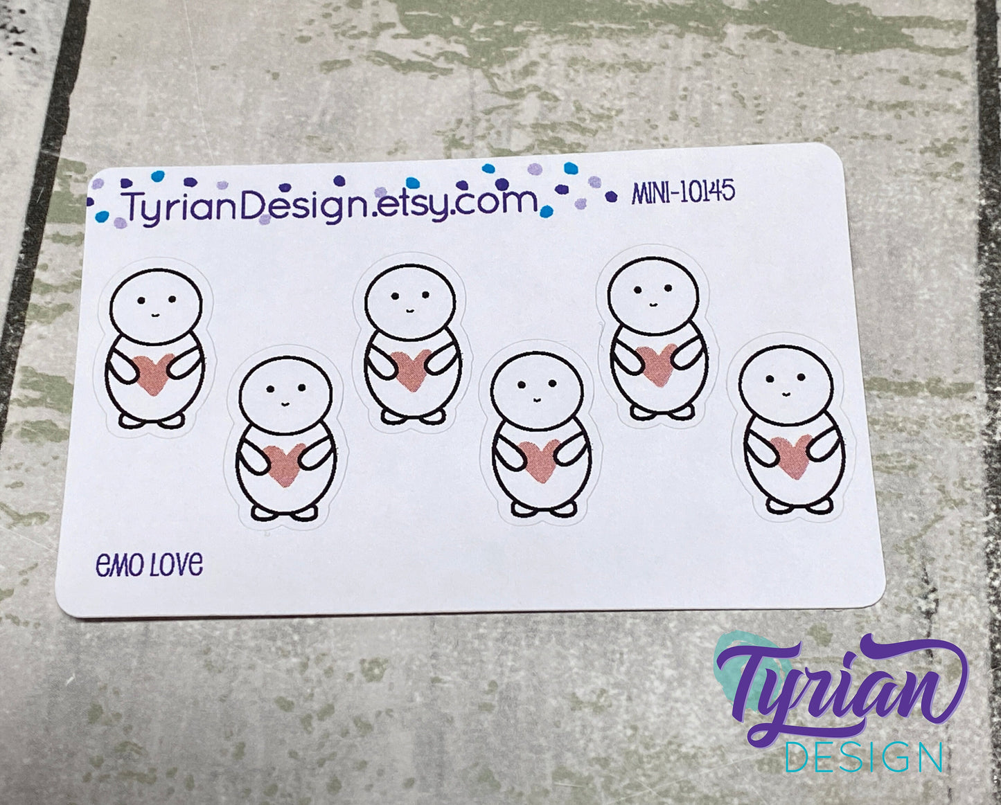 Emo Love character Sticker Mini Sheet. Emoji with faded red heart.