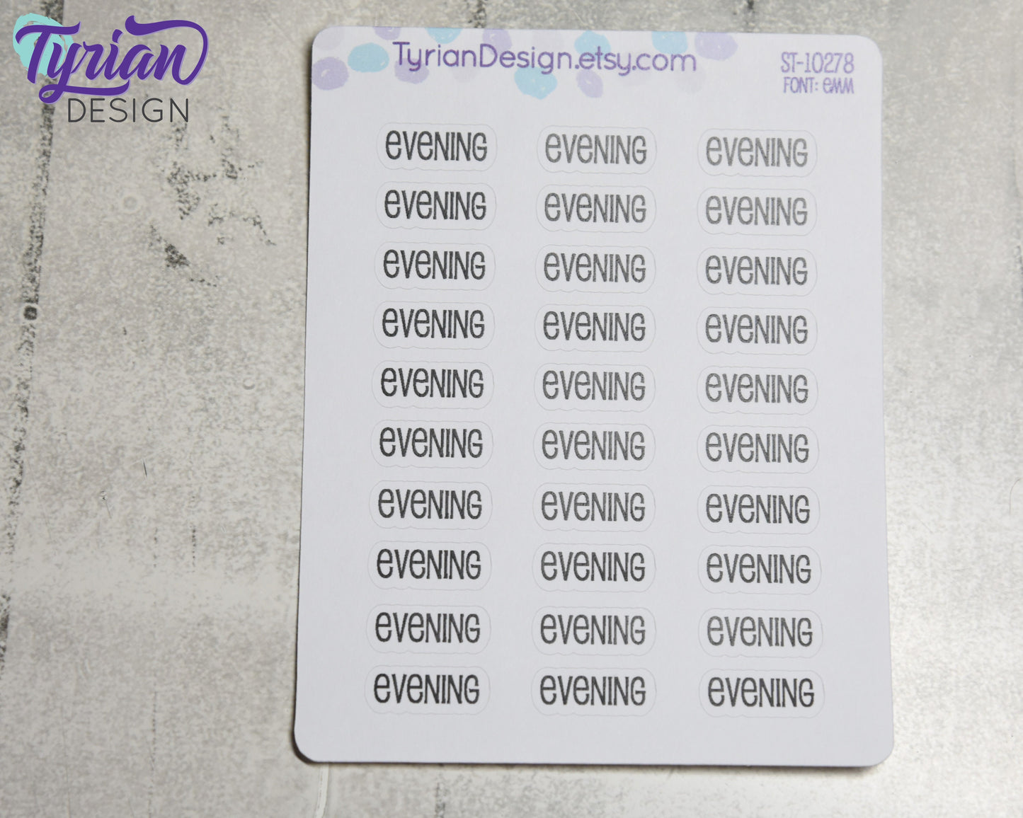 Evening Stickers | 30 Stickers | .75" x .3" Sticker size | Emm Font