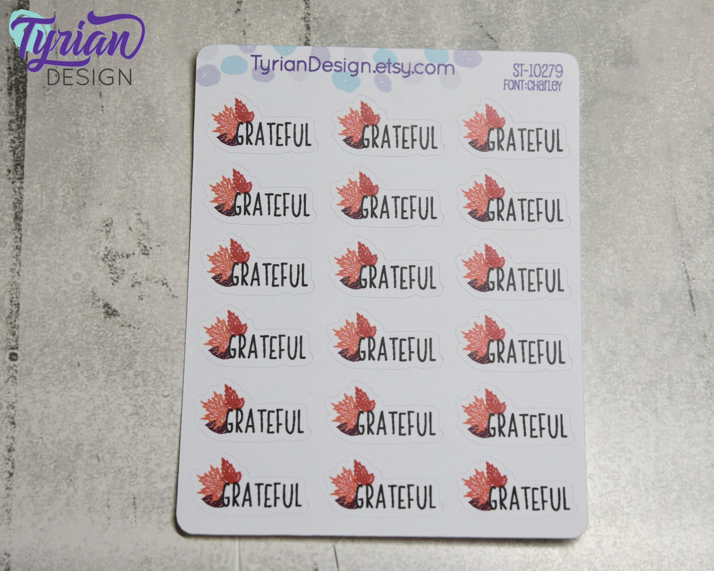 Grateful Stickers | 18 stickers | 1" x .57" each sticker | Font: Charley