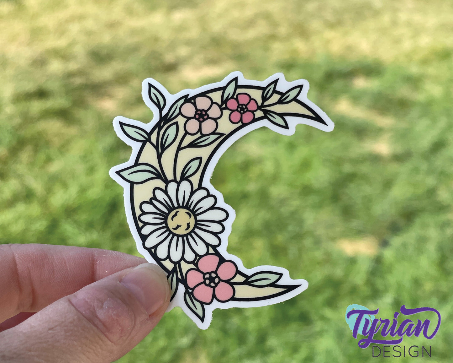 Flower Moon Vinyl Sticker | high quality weather proof vinyl | 2.5 x 3" | Moon with Flowers Pastel sticker