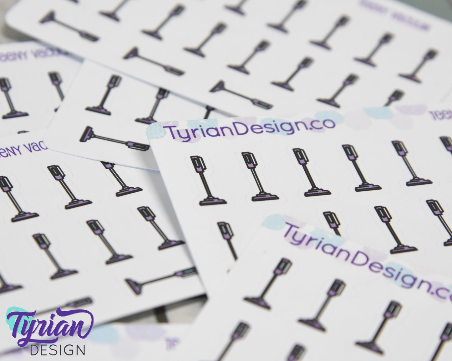 Vacuum Stickers | Tiny Stick Vacuum stickers on a mini sheet | 20 stickers | .3 x .6" each | Vacuum icon sticker | White or Clear Matte
