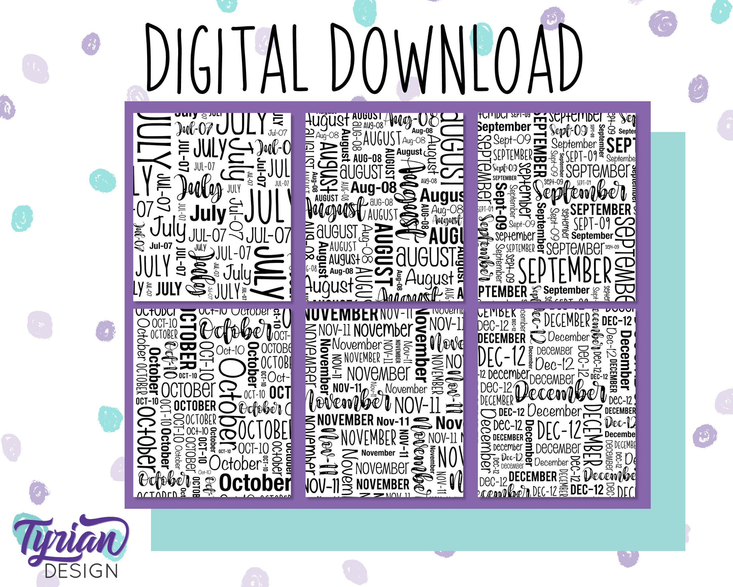 Digital Paper | All 12 Months Word cloud Pattern | Printable letter size | Black and white files included