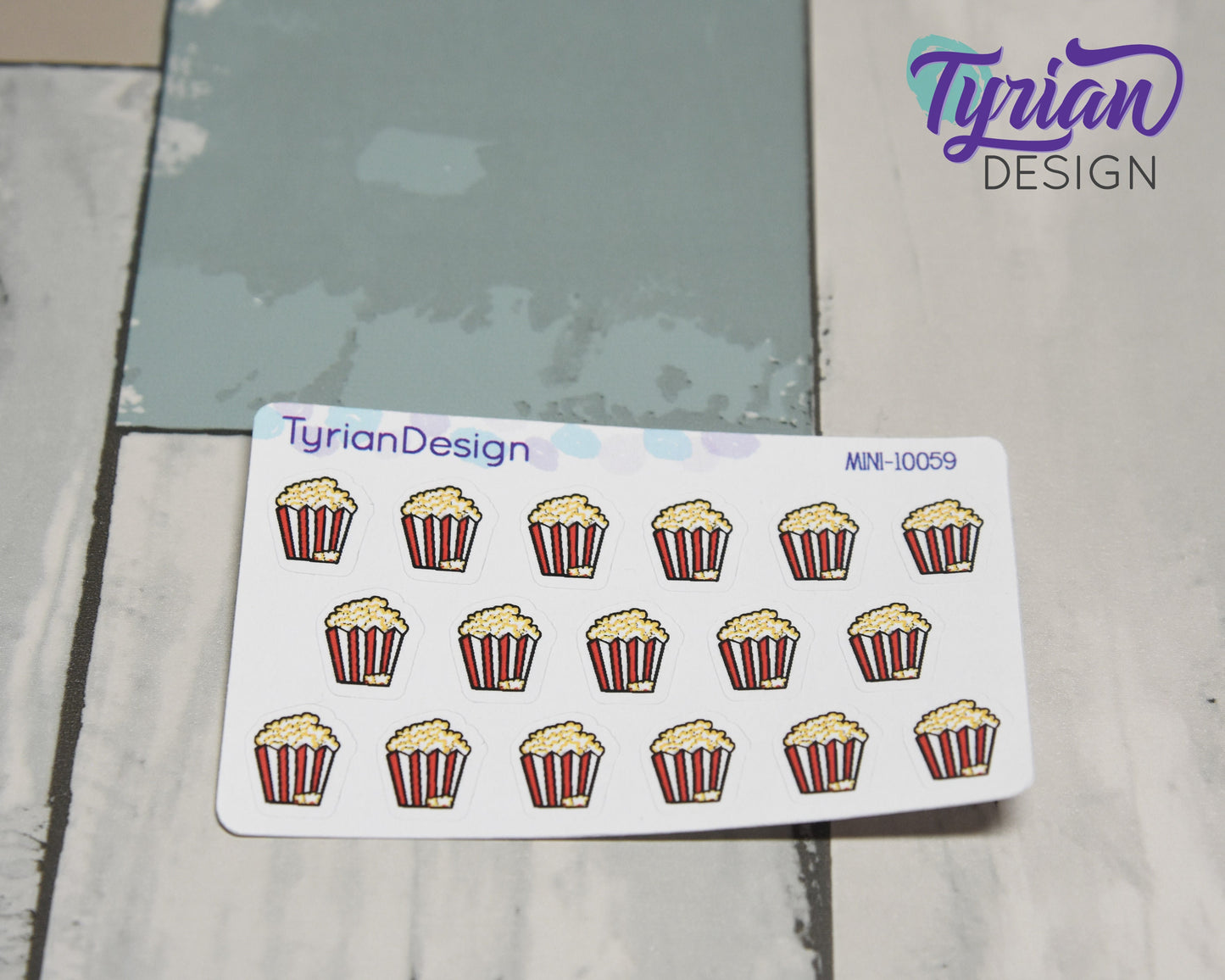 Mini Popcorn Stickers | Mini Sheet of Popcorn Buckets | 17 Stickers | .47 x .55" each | 3.375" x 2.125" Mini Sheet | White or Clear Matte