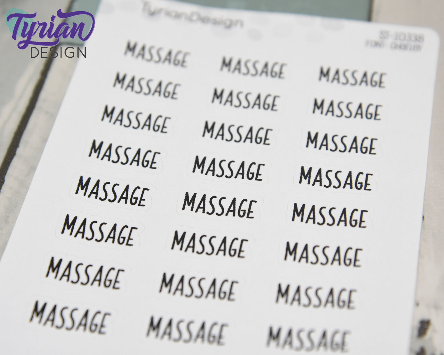 Massage Stickers | .77" x .35" each | 24 Stickers | Charley Font.