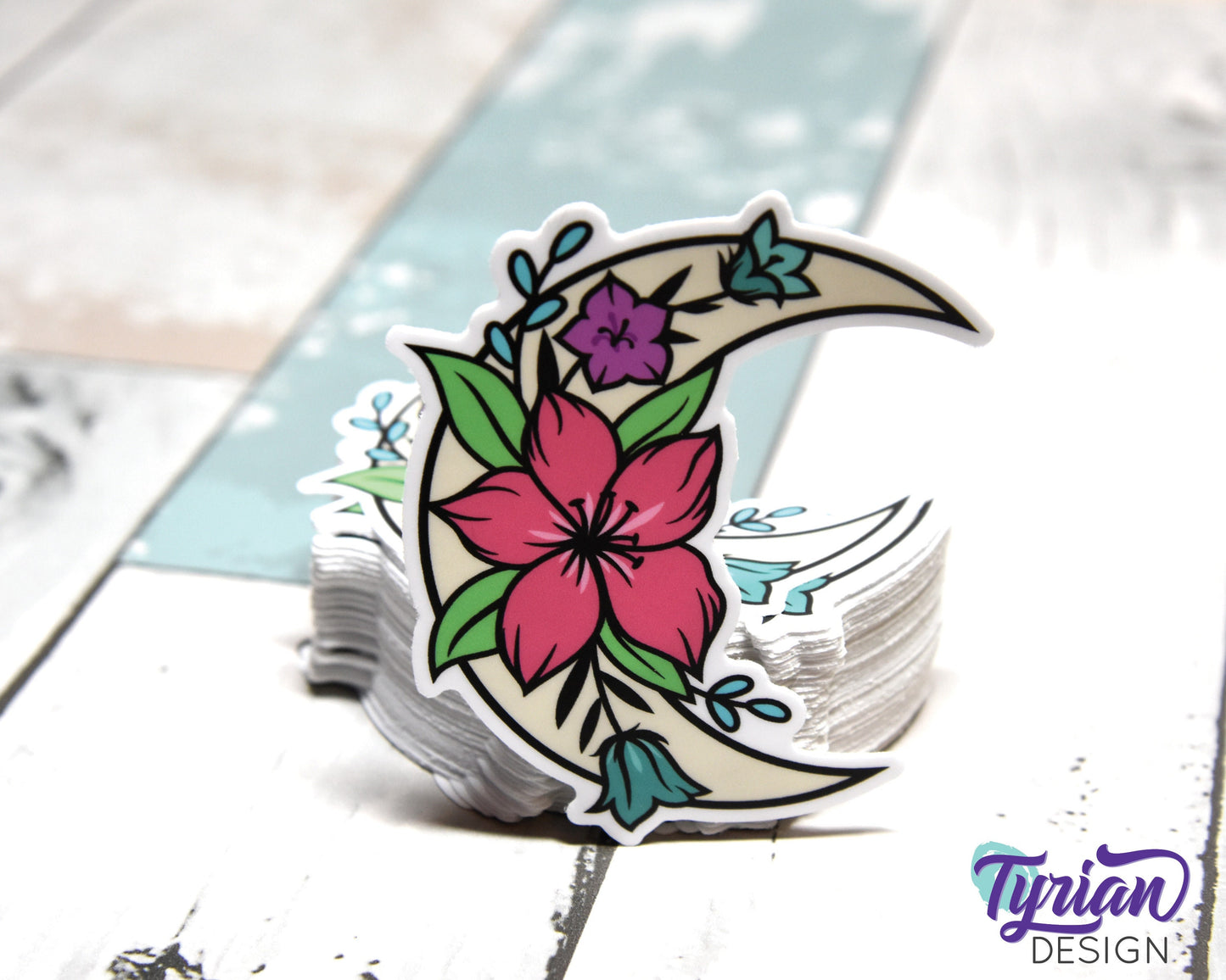 Spring Flower Moon Vinyl Sticker | high quality weather proof vinyl | 2.5 x 3" | Moon with Flowers Bright Spring Colors