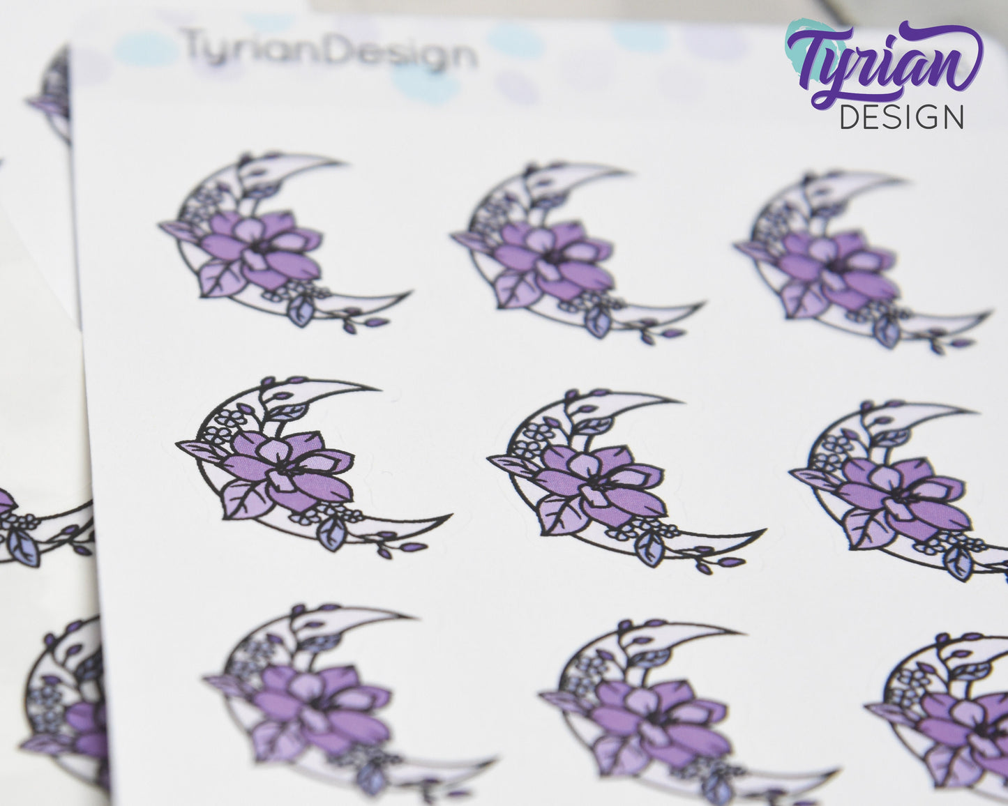 Purple Moon Stickers | Moon with Flowers | 9 Stickers per sheet | 1 x 1" Sticker size | | 3.5 x 4.5" Sheet | White or Clear Matte