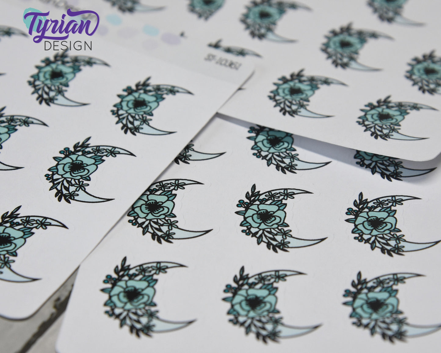 Turquoise Moon Stickers | Moon with Flowers | 9 Stickers per sheet