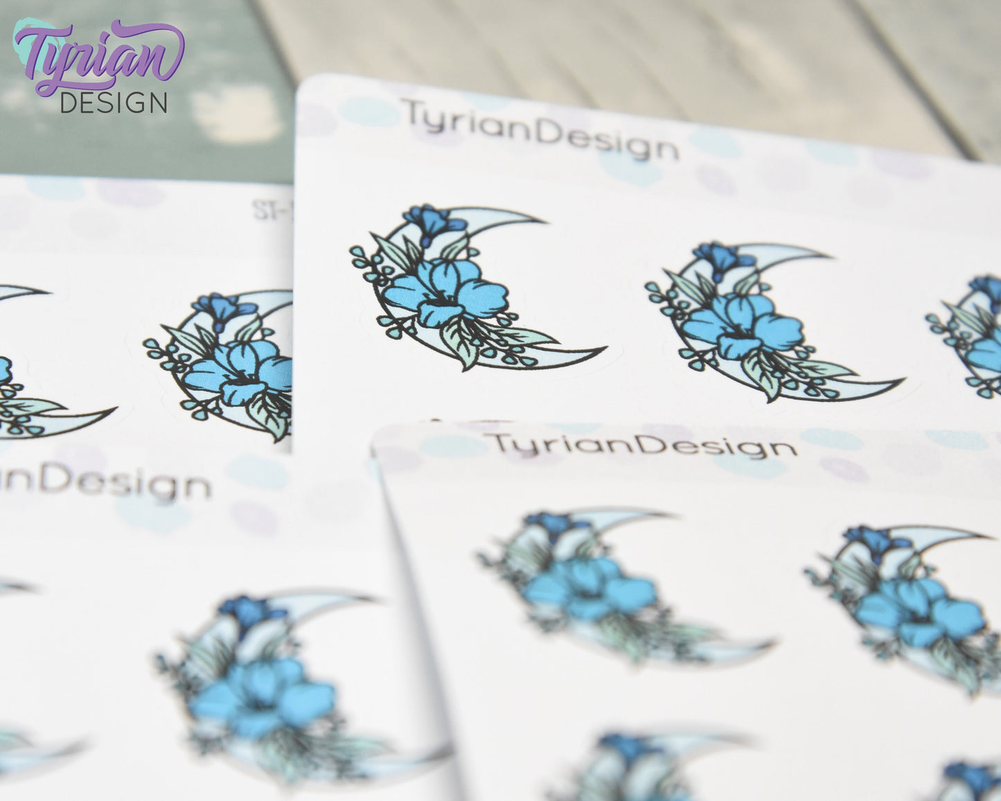 Blue Moon Stickers | Flower Moon in Blue | 9 Stickers per sheet | 1 x 1" Sticker size | | 3.5 x 4.5" Sheet | White or Clear Matte