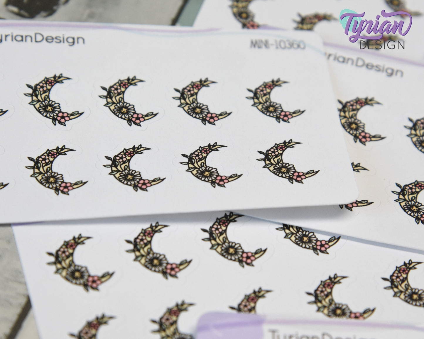 Mini Spring Moon Stickers | Mini Sheet of Flower Moons | 10 Stickers | .6 x .65" each | 3.375" x 2.125" Mini Sheet | White or Clear Matte