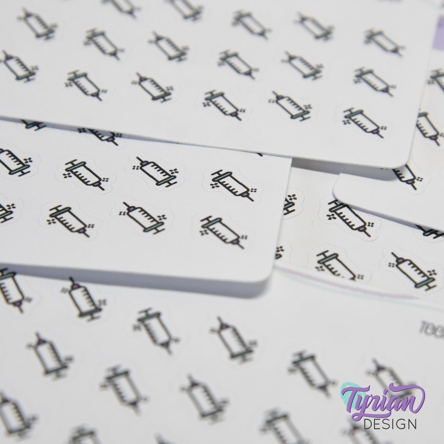 Shot Stickers | Tiny Injection stickers on a mini sheet | 21 stickers | .4 x .39" each | Needle icon sticker | White or Clear Matte