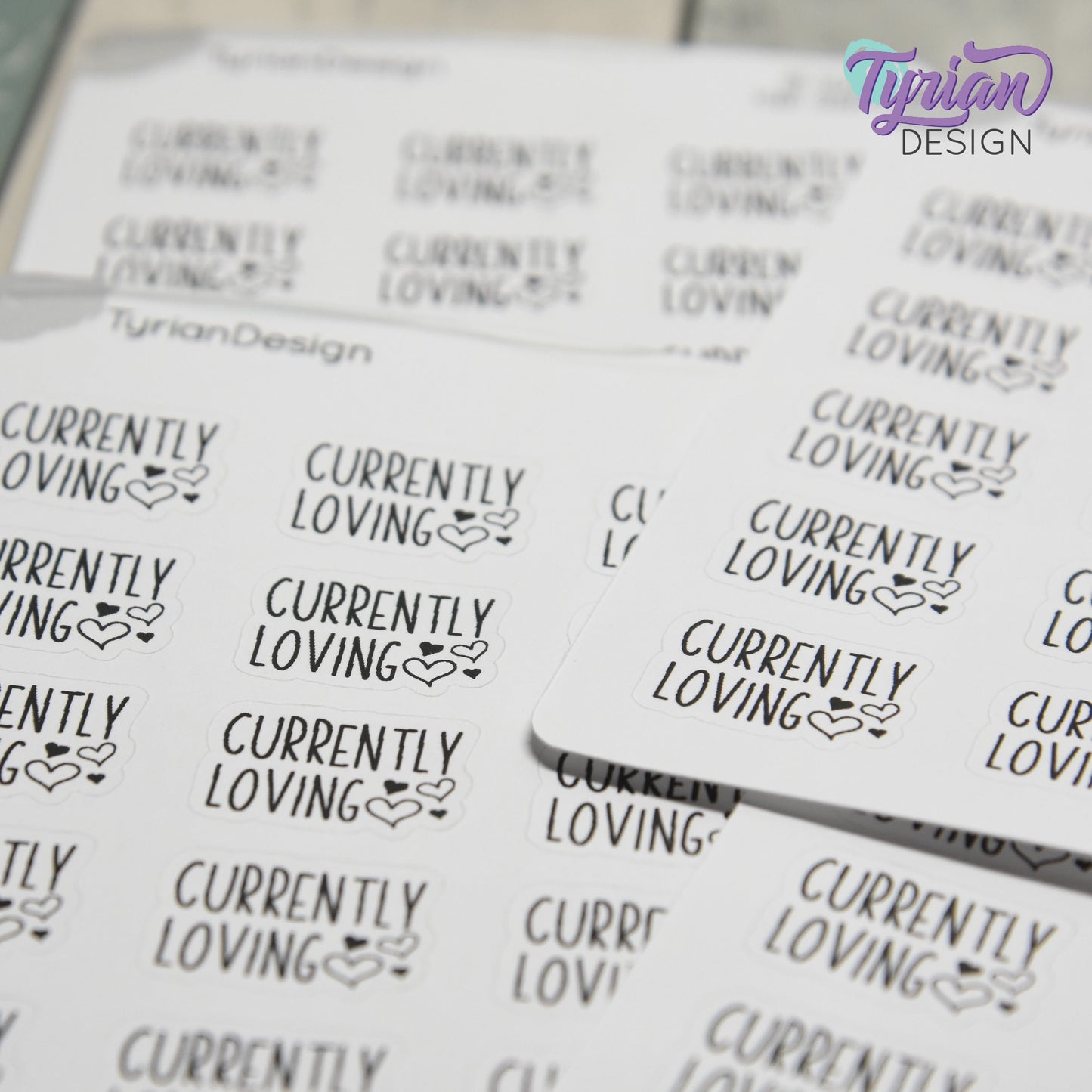 Currently Loving Stickers | Music | Books | Food | Life | 15 Stickers | .87" x .61" Each | 3.5 x 4.5" Sheet | Charley Font