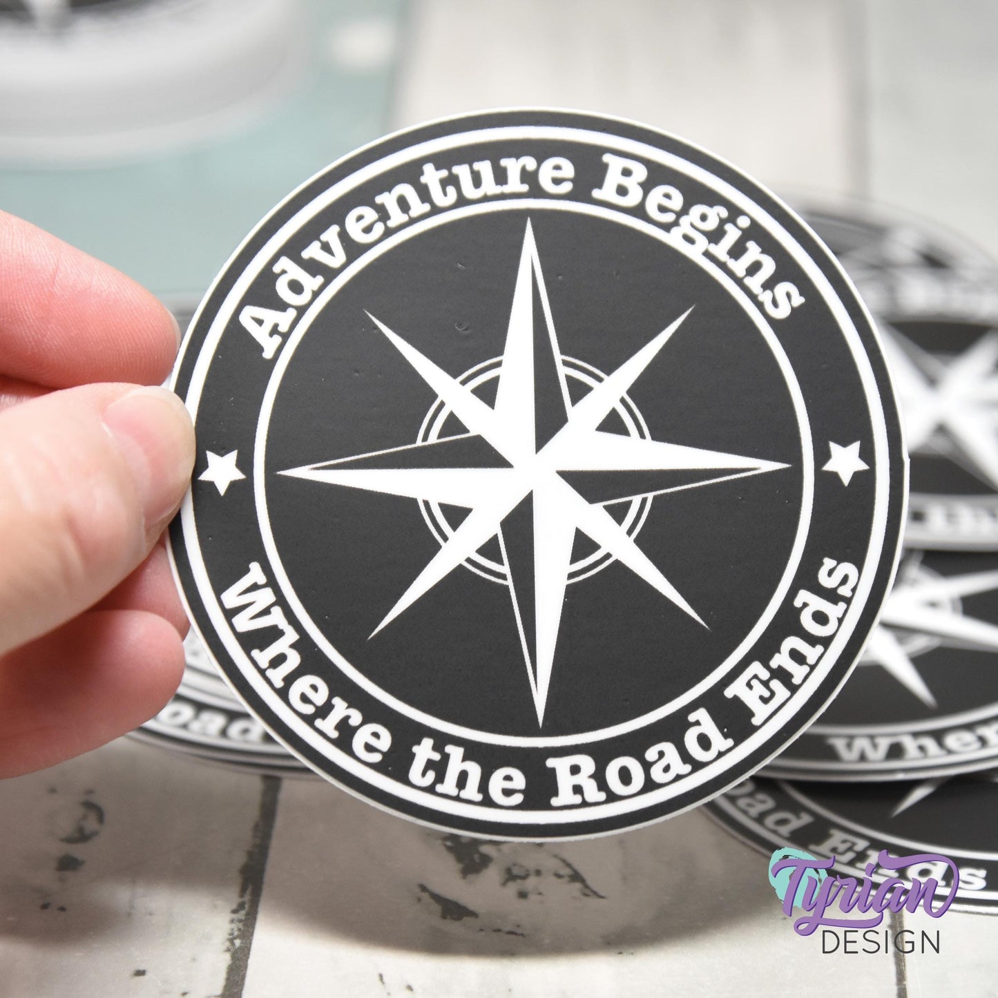 Adventure Begins where the road ends Vinyl Sticker, high quality weather proof vinyl. 3 inch Round Compass sticker