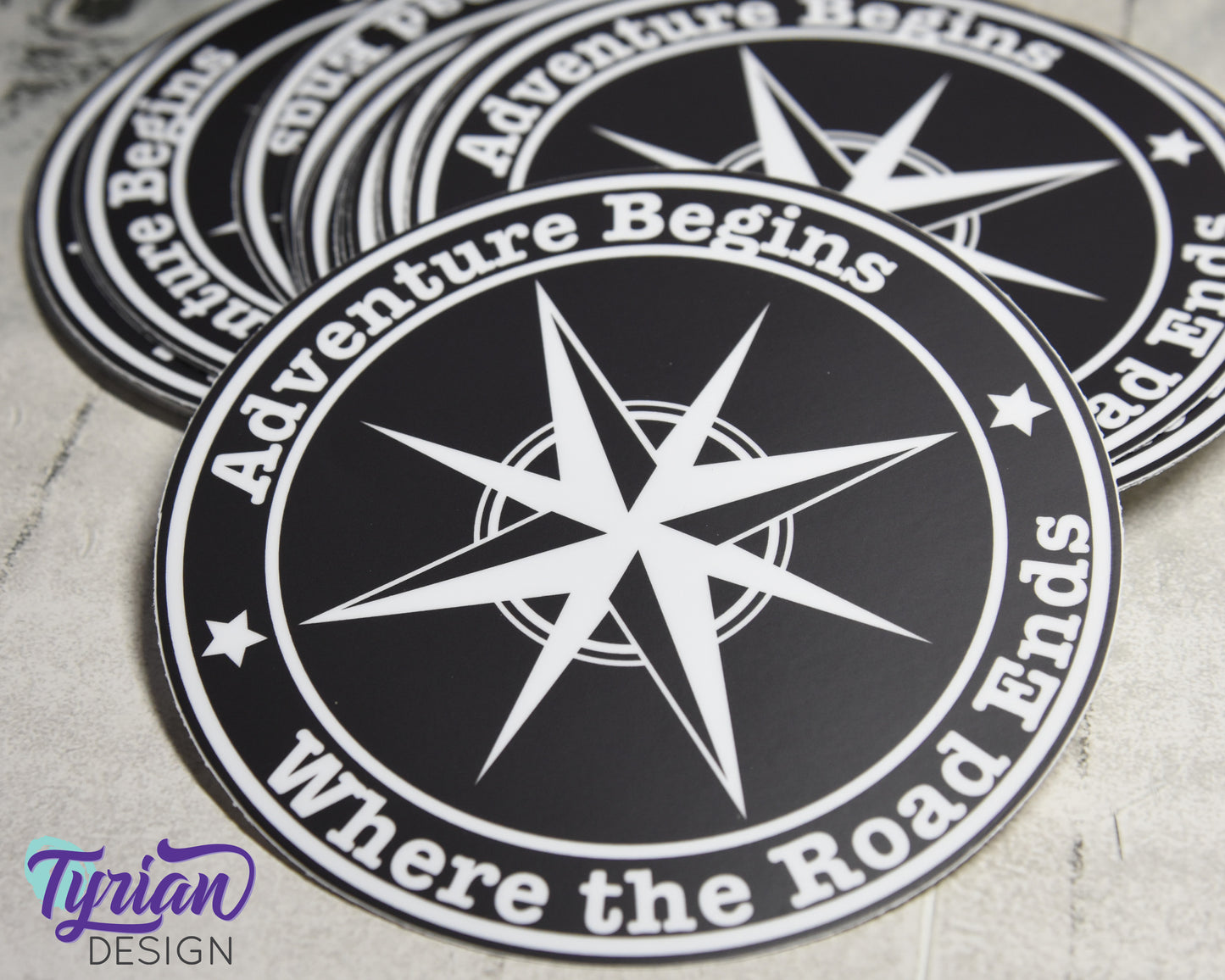 Adventure Begins Where The Road Ends Vinyl Sticker | High quality weather proof vinyl | 5 inch Round  Black Compass sticker