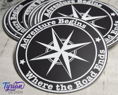 Adventure Begins Where The Road Ends Vinyl Sticker | High quality weather proof vinyl | 5 inch Round  Black Compass sticker