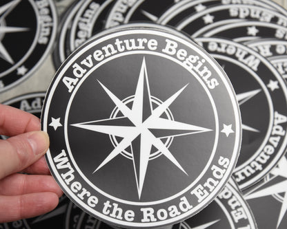 Adventure Begins Where The Road Ends Vinyl Sticker | High quality weather proof vinyl | 5 inch Round  Black Compass sticker