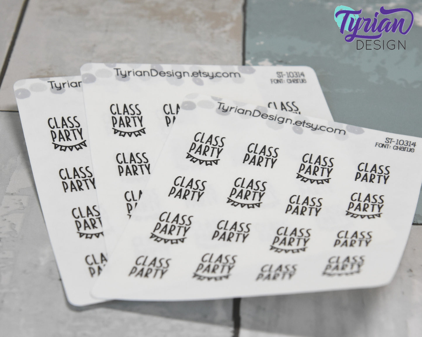 Sticker with the words Class Party and a Flag Banner