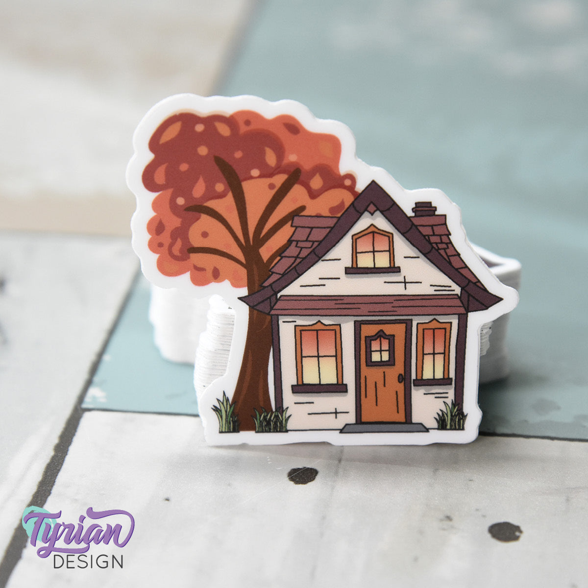 Fall House with Vibrant Tree Vinyl Sticker | 2"x 2"