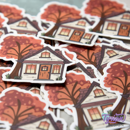 Fall House with Vibrant Tree Vinyl Sticker | 2"x 2"