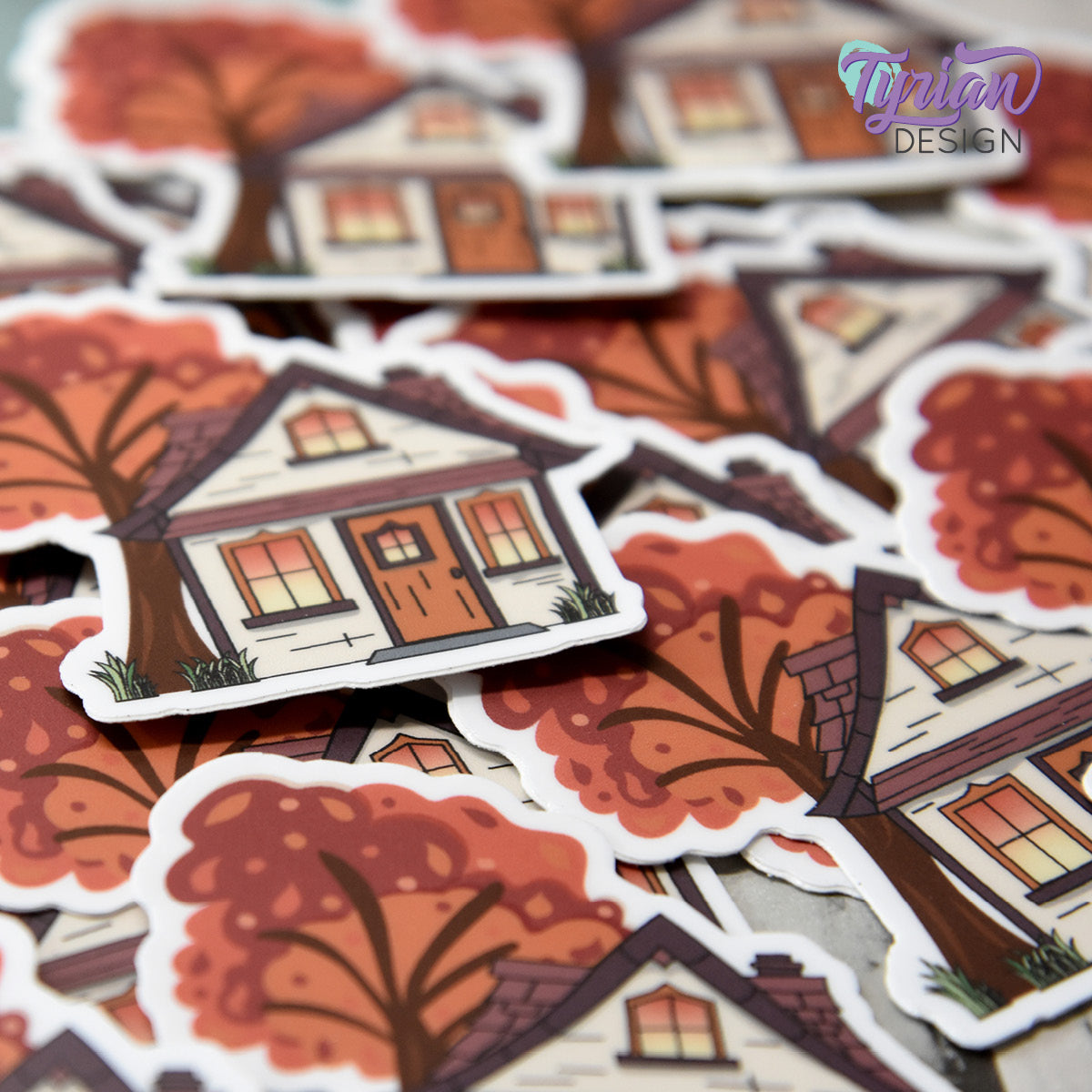 Fall House with Vibrant Tree Vinyl Sticker | 2"x 2"