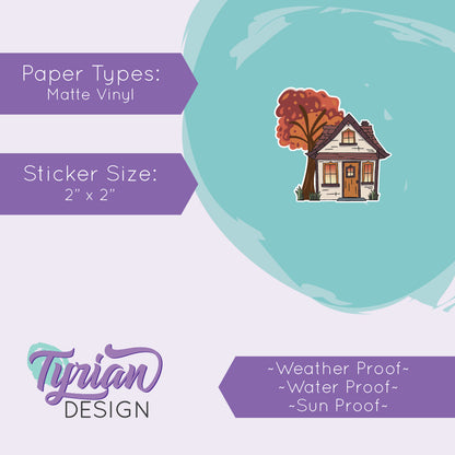 Fall House with Vibrant Tree Vinyl Sticker | 2"x 2"