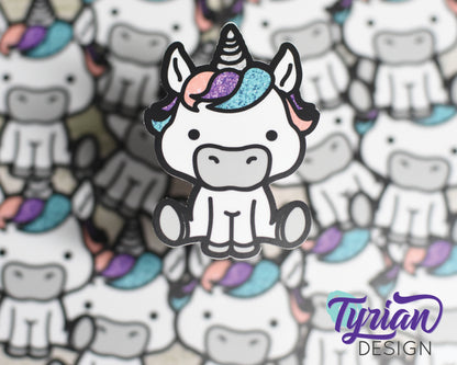 Unicorn with digital glitter Vinyl Sticker | Small, high quality weather proof vinyl. 2.25 x 3 inches
