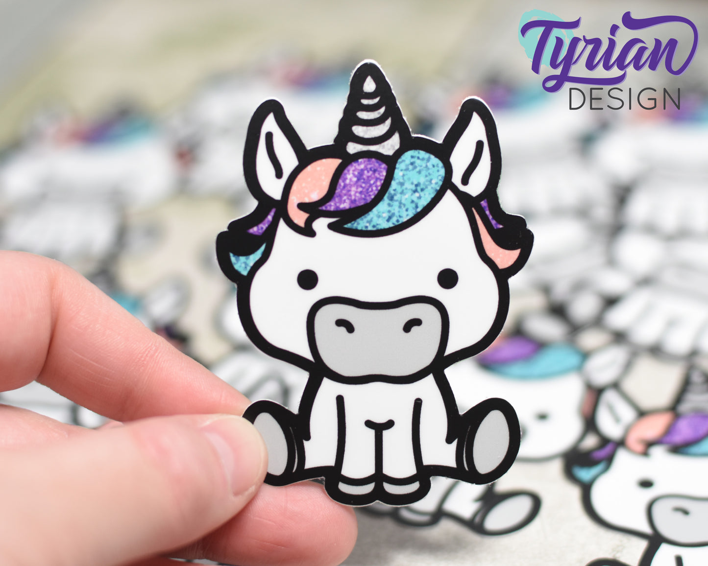 Unicorn with digital glitter Vinyl Sticker | Small, high quality weather proof vinyl. 2.25 x 3 inches