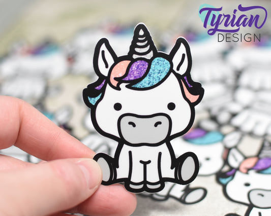 Unicorn with digital glitter Vinyl Sticker | Small, high quality weather proof vinyl. 2.25 x 3 inches