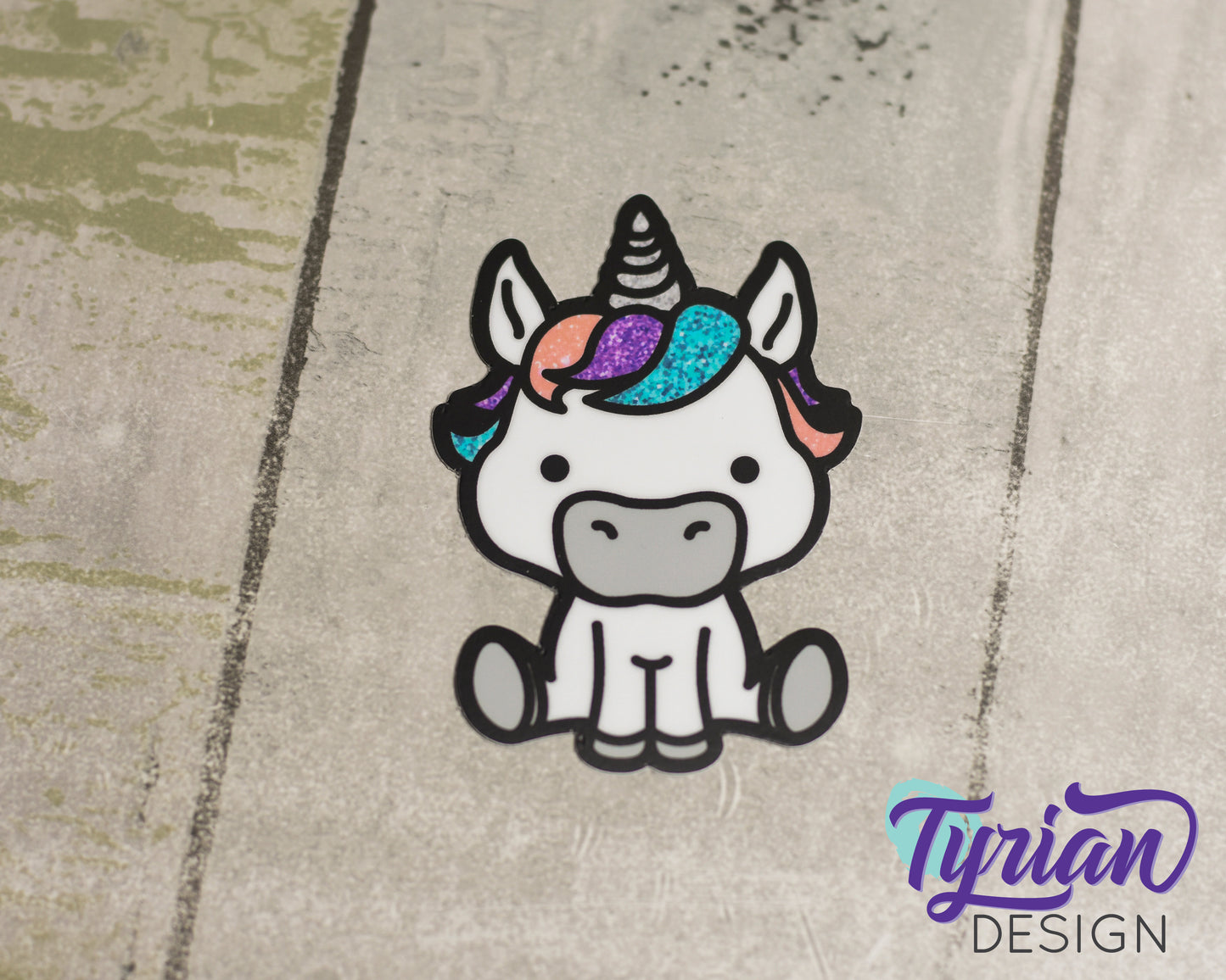 Unicorn with digital glitter Vinyl Sticker | Small, high quality weather proof vinyl. 2.25 x 3 inches