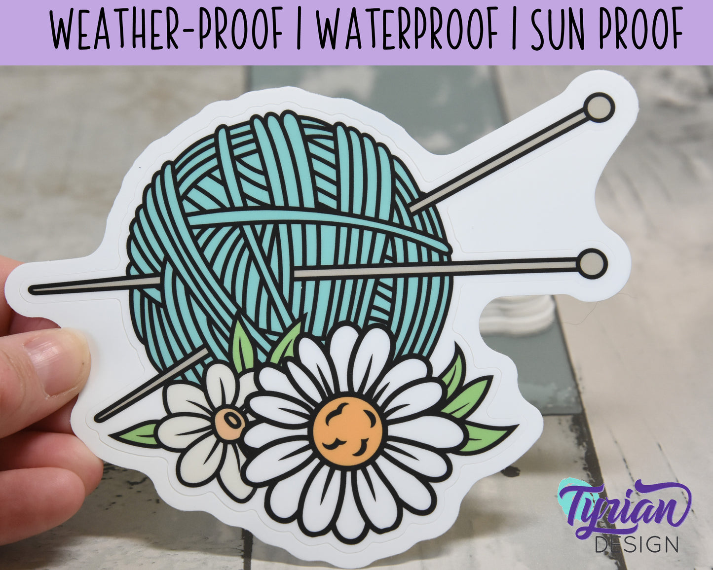 Knitting Vinyl Sticker | high quality weather proof vinyl | 5.25 x 4" | Yarn with Needles and Daisy flowers