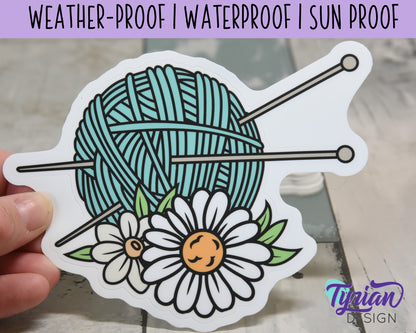 Knitting Vinyl Sticker | high quality weather proof vinyl | 5.25 x 4" | Yarn with Needles and Daisy flowers