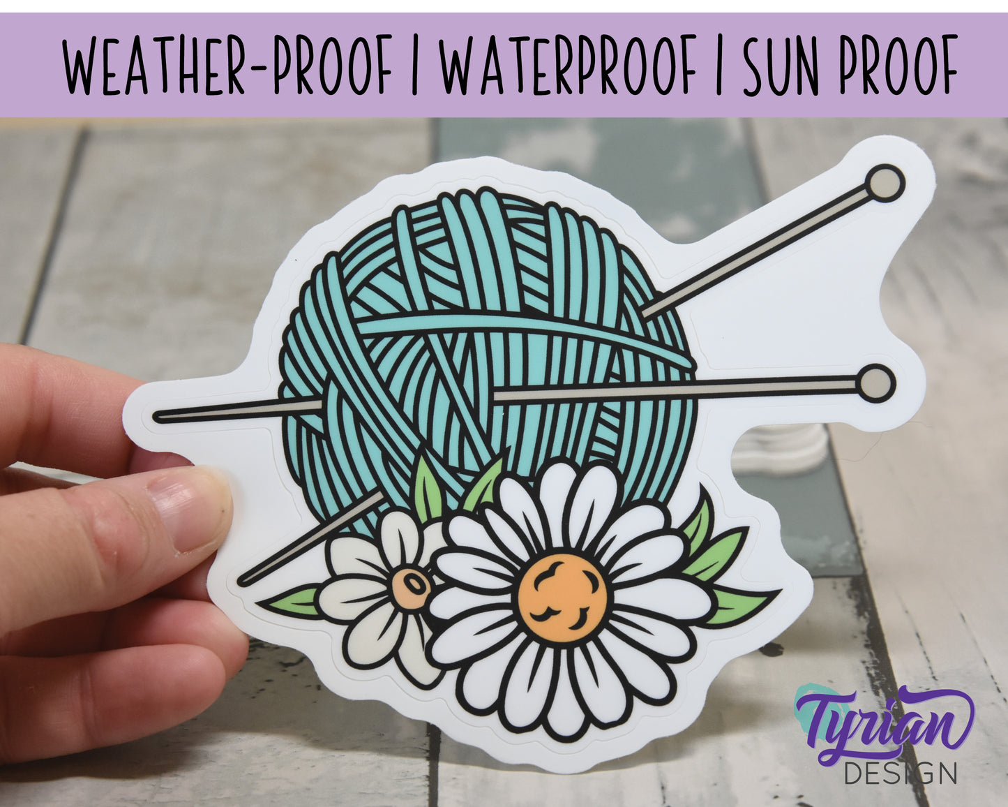 Knitting Vinyl Sticker | high quality weather proof vinyl | 5.25 x 4" | Yarn with Needles and Daisy flowers