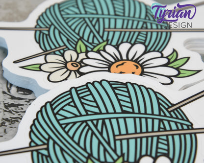 Knitting Vinyl Sticker | high quality weather proof vinyl | 5.25 x 4" | Yarn with Needles and Daisy flowers