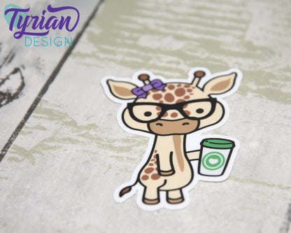 Nerd Giraffe with Coffee Cup Vinyl Sticker | Norma Sticker | Weatherproof Vinyl |  2.25x3" die cut |  laptop sticker, journal sticker, tumbler sticker
