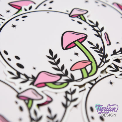 Pink Moon with Mushrooms Vinyl Sticker | High quality weather proof vinyl | 3 x 3" | Monotone Moon | Pastel sticker | Shades of Pink