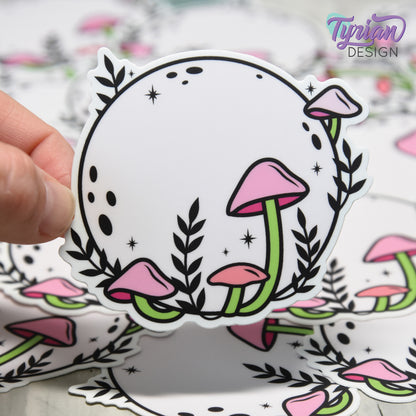 Pink Moon with Mushrooms Vinyl Sticker | High quality weather proof vinyl | 3 x 3" | Monotone Moon | Pastel sticker | Shades of Pink