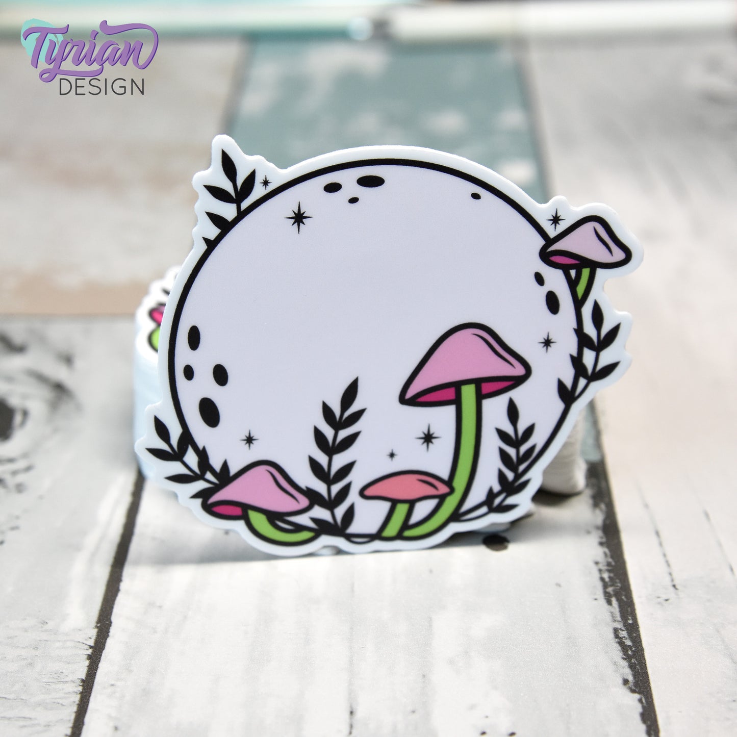 Pink Moon with Mushrooms Vinyl Sticker | High quality weather proof vinyl | 3 x 3" | Monotone Moon | Pastel sticker | Shades of Pink
