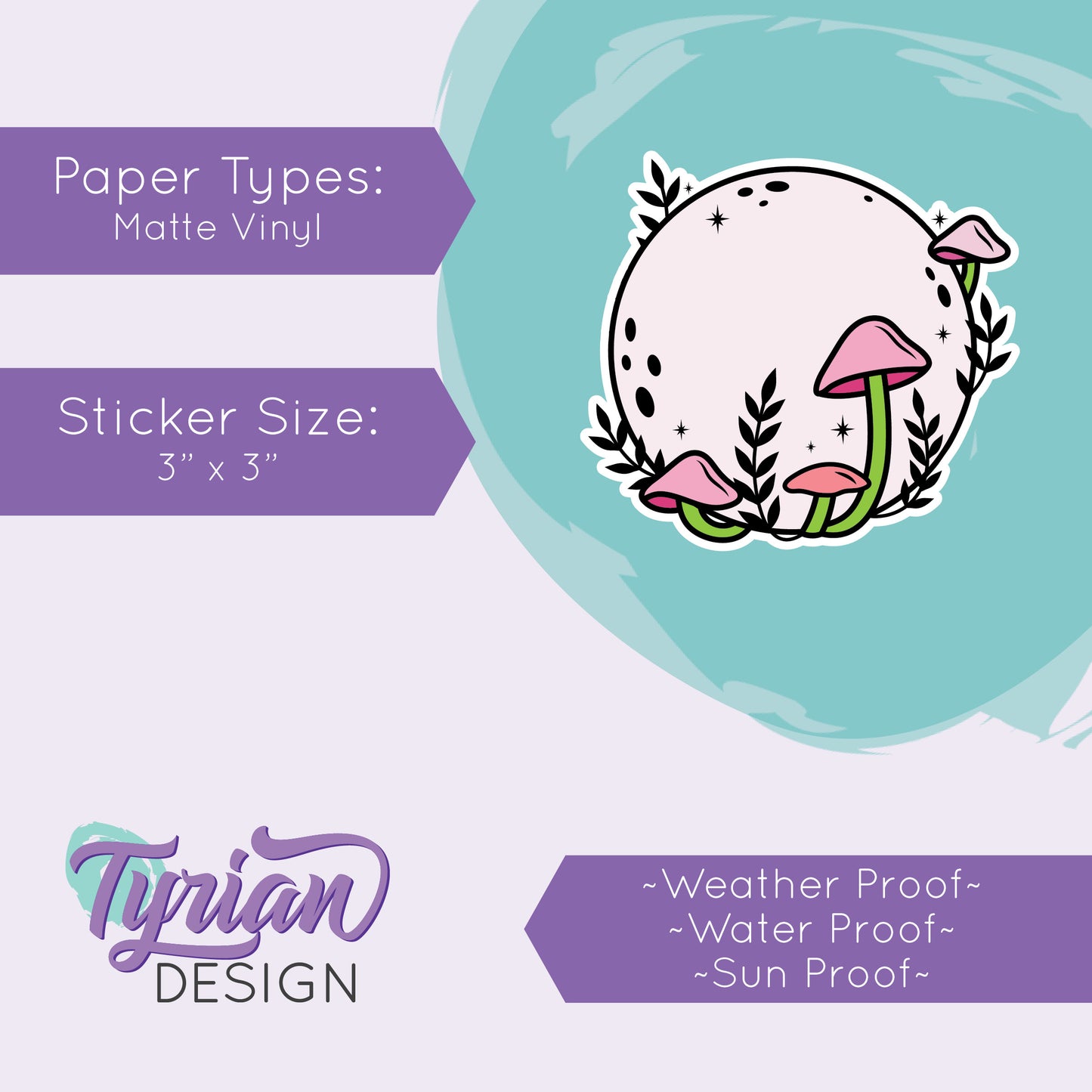 Pink Moon with Mushrooms Vinyl Sticker | High quality weather proof vinyl | 3 x 3" | Monotone Moon | Pastel sticker | Shades of Pink