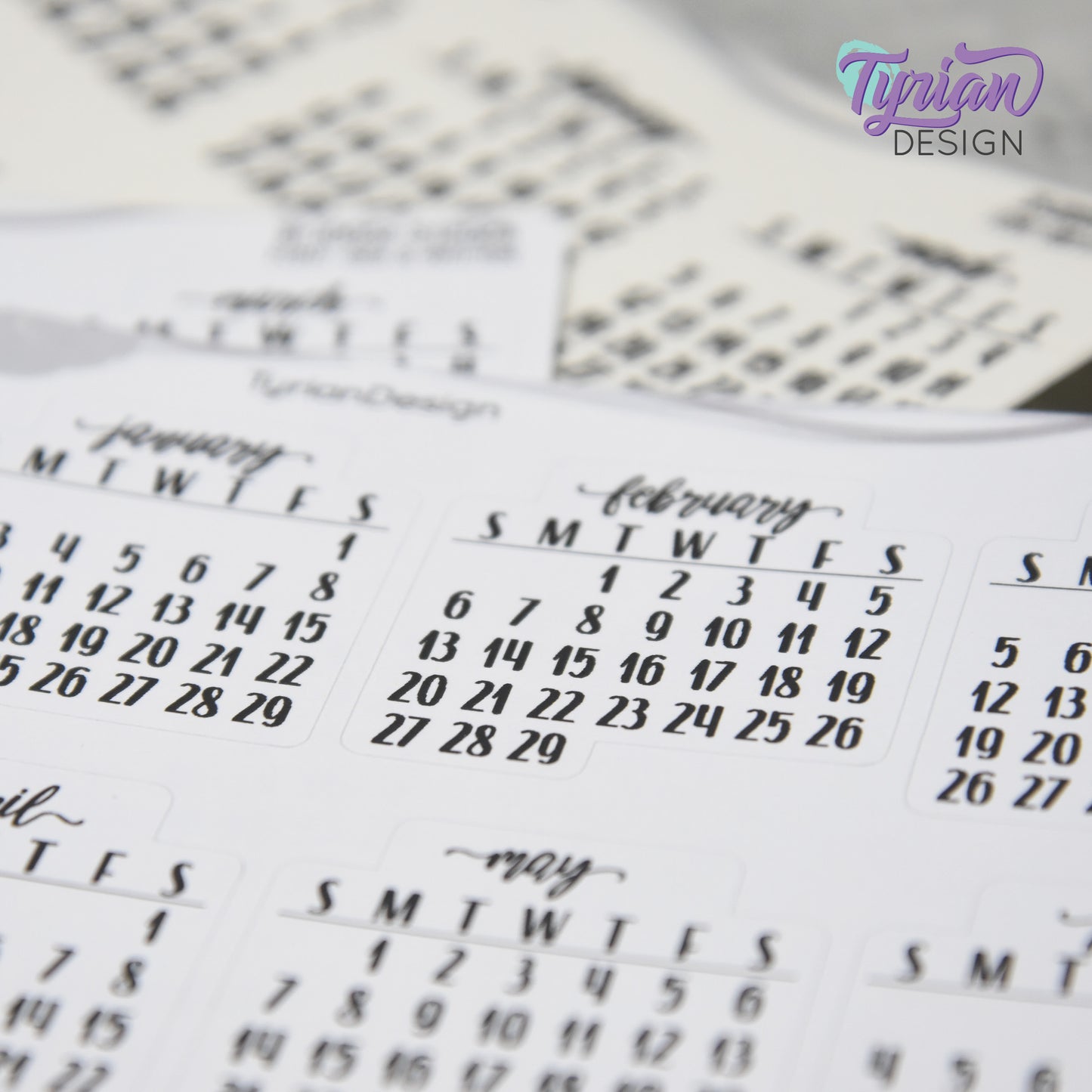 Small Monthly Stickers (Sunday Start) January - December 2025, 2026, 2027, 2028, 2029, 2030