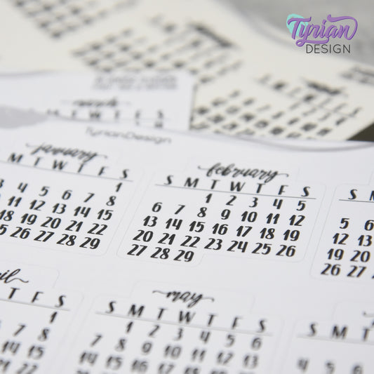 Small Monthly Stickers (Sunday Start) January - December 2025, 2026, 2027, 2028, 2029, 2030