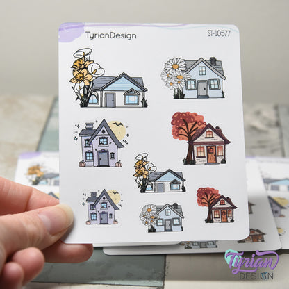 Variety of Houses and Flowers | 8 Stickers | Multiple Sizes