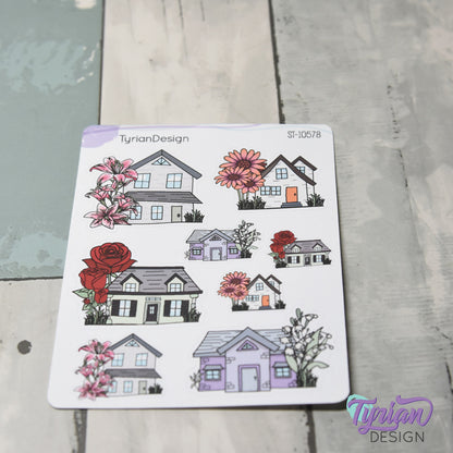 Variety of Houses and Flowers | 8 Stickers | Multiple Sizes