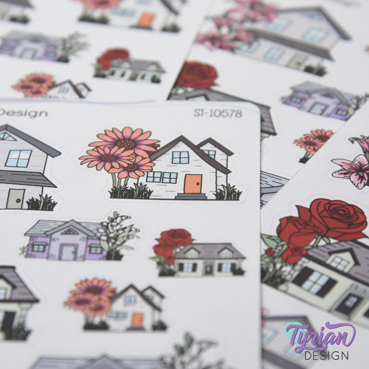 Variety of Houses and Flowers | 8 Stickers | Multiple Sizes