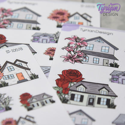 Variety of Houses and Flowers | 8 Stickers | Multiple Sizes