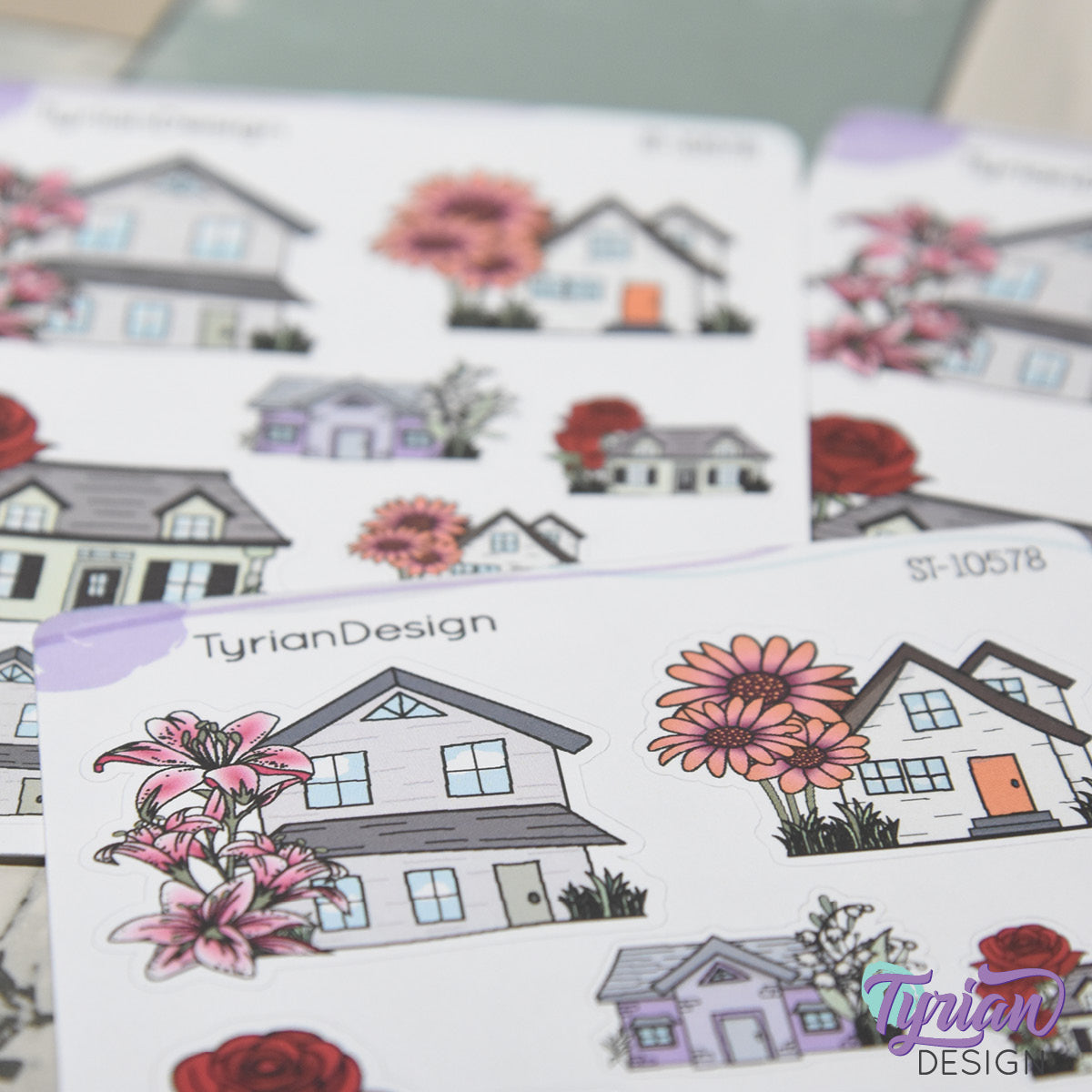 Variety of Houses and Flowers | 8 Stickers | Multiple Sizes