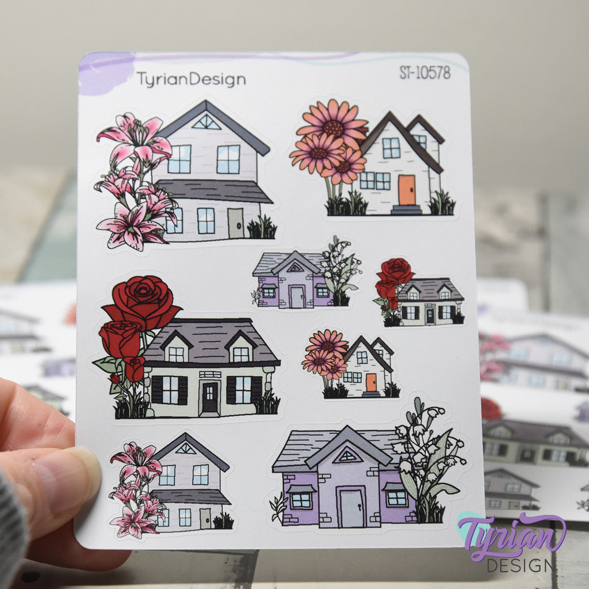 Variety of Houses and Flowers | 8 Stickers | Multiple Sizes
