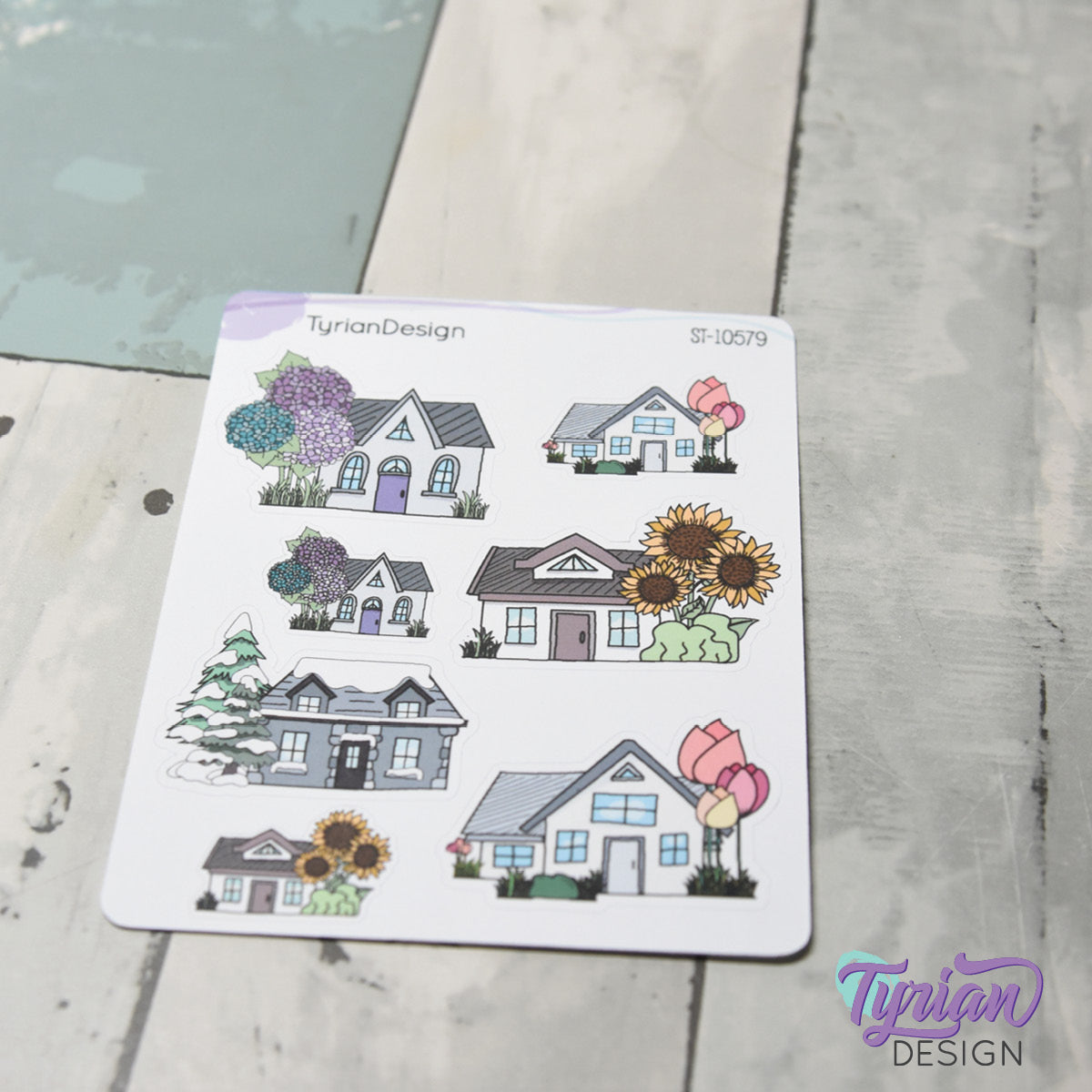 Variety of Houses and Flowers | 7 Stickers | Multiple Sizes