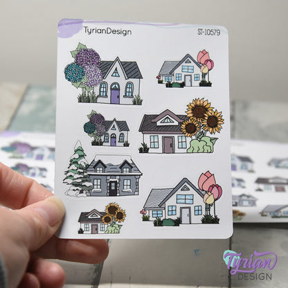 Variety of Houses and Flowers | 7 Stickers | Multiple Sizes
