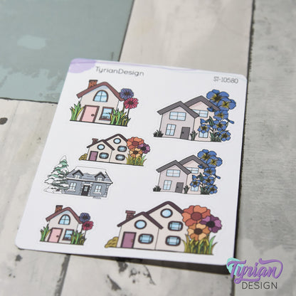 Variety of Houses and Flowers | 7 Stickers | Multiple Sizes